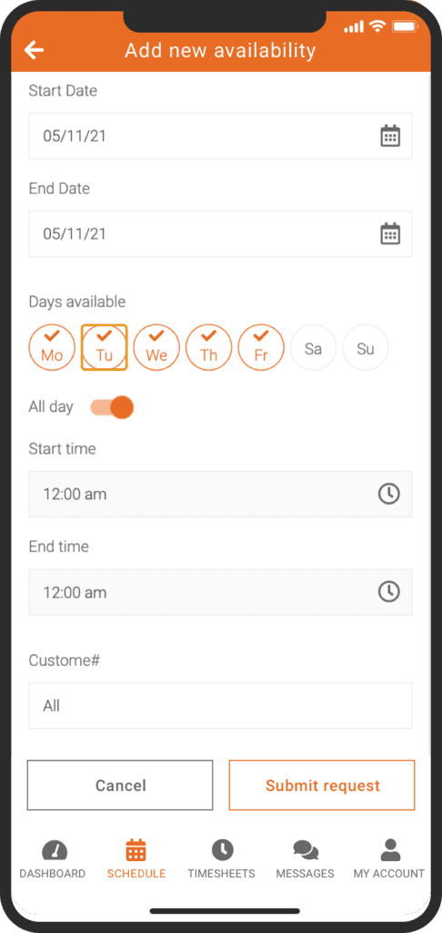 phone showing an employee updating their availability to work