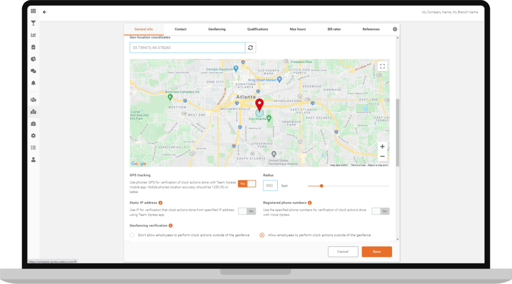 Celayix employee scheduling software Geofencing feature on laptop screen